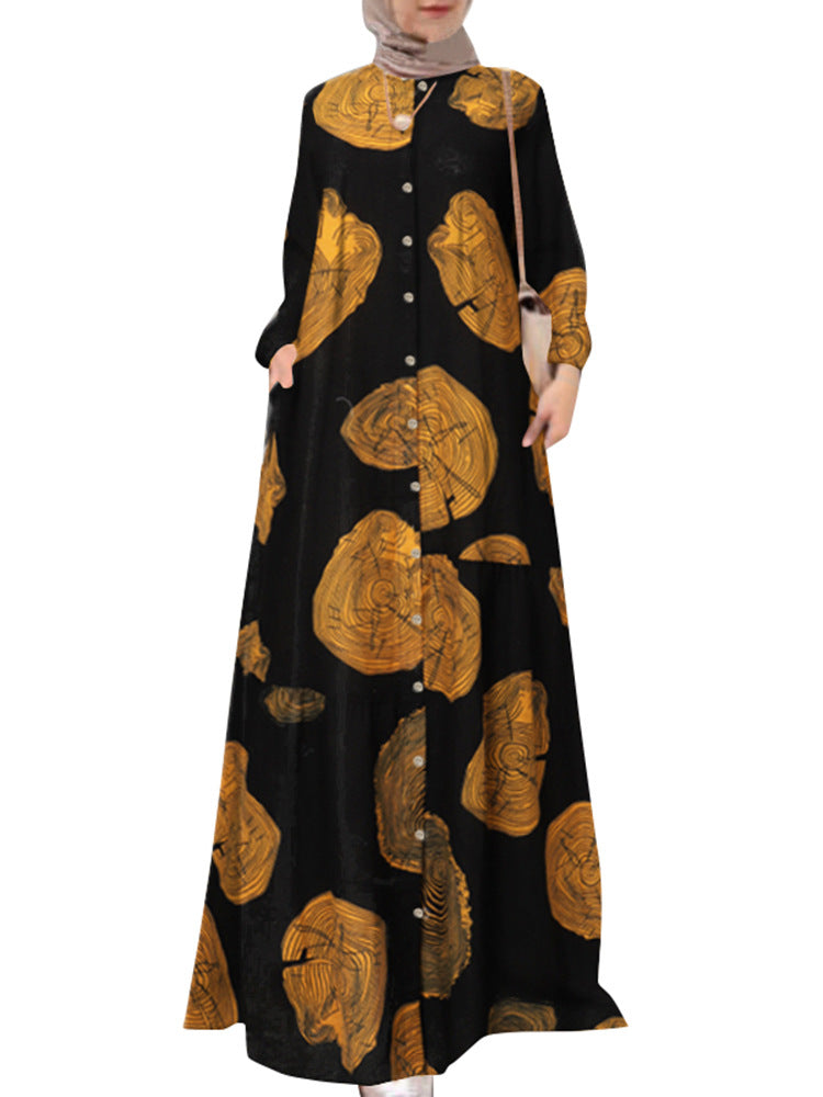 Chemise imprimée en lin de coton musulman plus col rond taille robe décontractée rétro à manches longues pour femmes