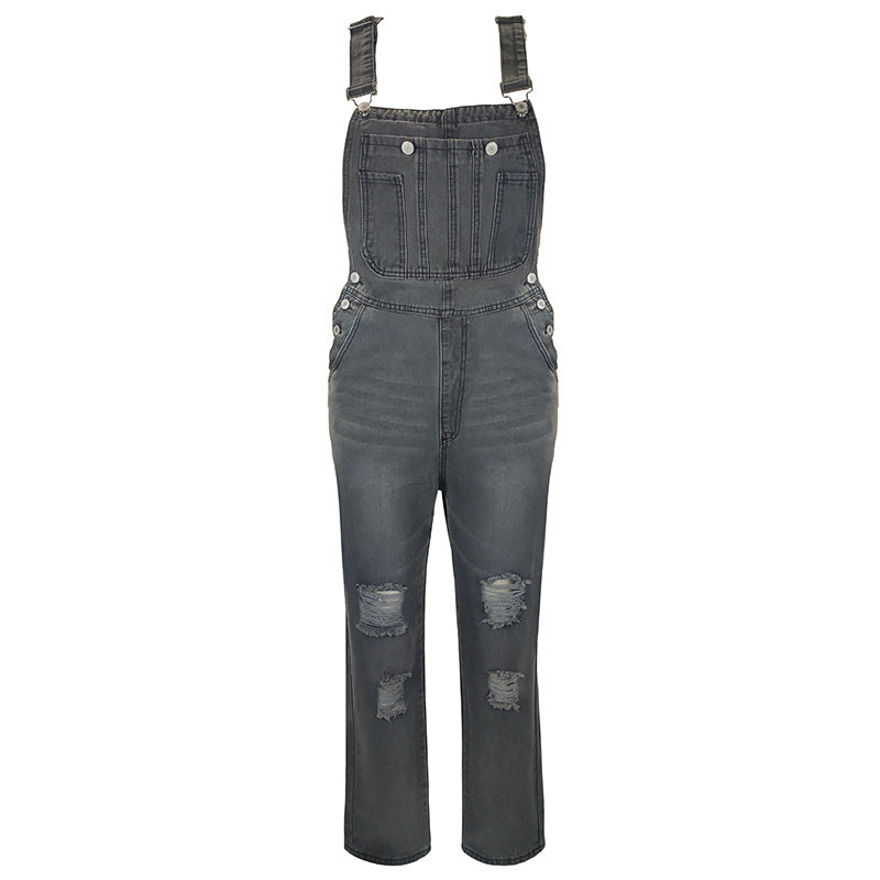 Mid Waist Suspender Pants Washed Simple Women's Jeans