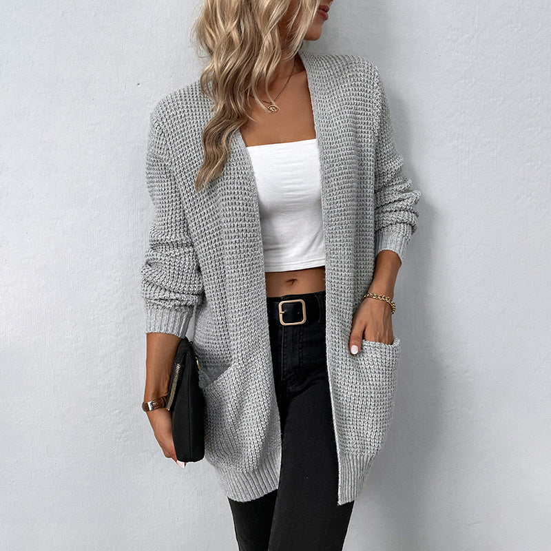 Commute Style Women Knitted Sweater Solid Color Pocket Cardigan Coat