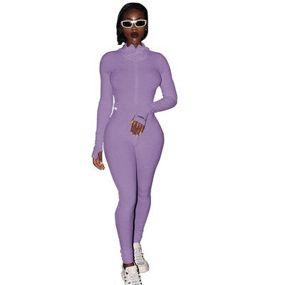 Women's Low Waist Zipper Stretch Turtleneck Embroidered Slim Fit Fitness Jumpsuit Yoga Suit