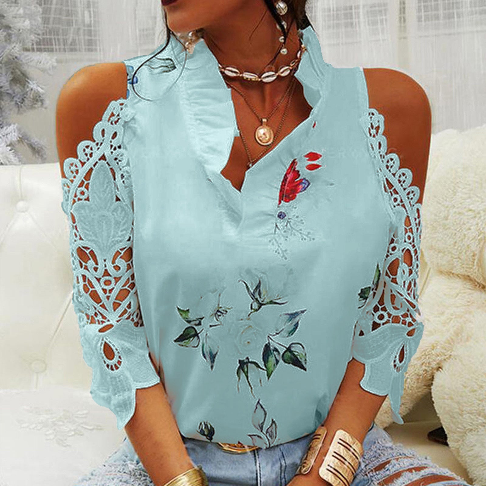 Sommer Damen Top Blumendruck Off-Shoulder Lace Street Hipster Stitching Langarm T-Shirt