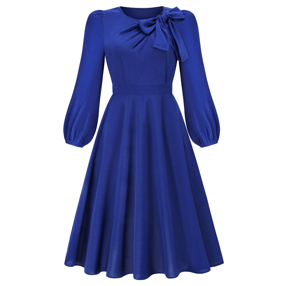 Casual Ice Silk Wrinkle Long Sleeve Waist-tight Elegant Mid-length Popular Dress