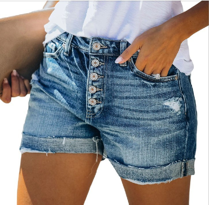 Damen Sommer High Waist Denim Fashion Breasted Street Hipster Pants Zerrissene Beliebte Shorts