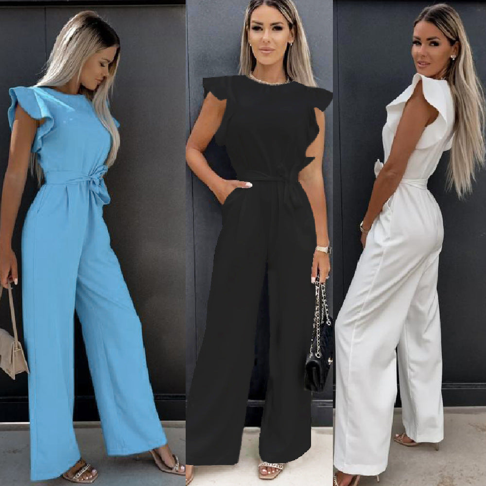 Summer Women's Solid Color Casual Pants Ruffled Lace-up Jumpsuit