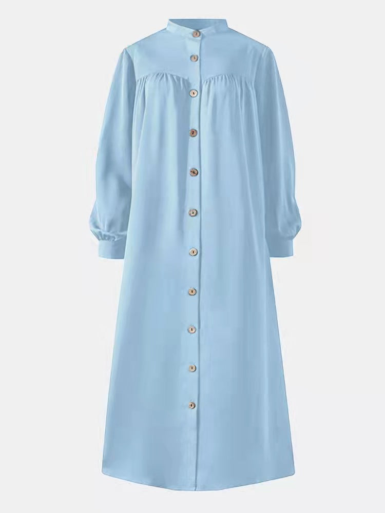 Muslimisches einfarbiges Damenkleid mit lockerer Taille, langen Ärmeln, Taschenknopf, Hemdkleid, lässige Robe