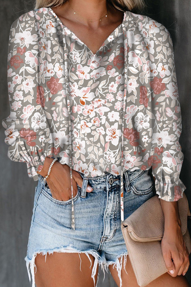 Ol Commuting Blumendruck-Shirt für Damen mit V-Ausschnitt und langen Ärmeln