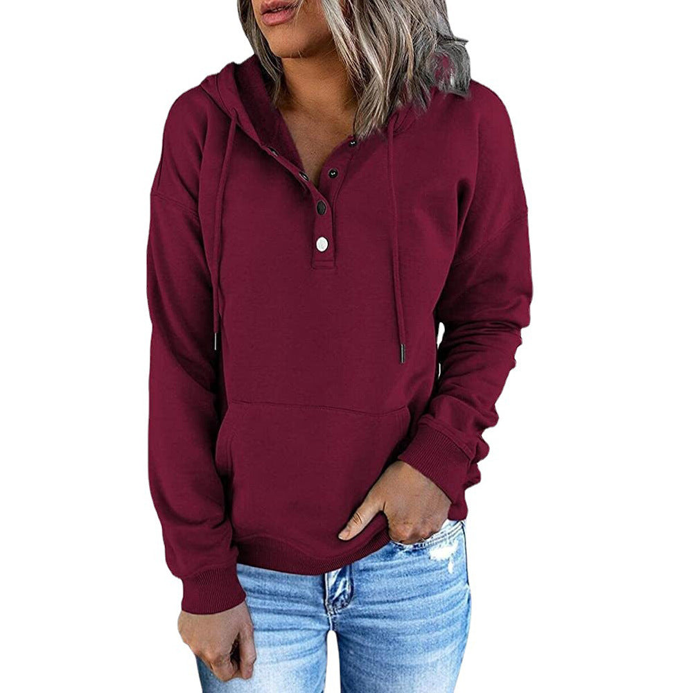 Women's Long Sleeve Loose Cotton Polyester Casual Hooded Drawstring Pocket Sweatshirt