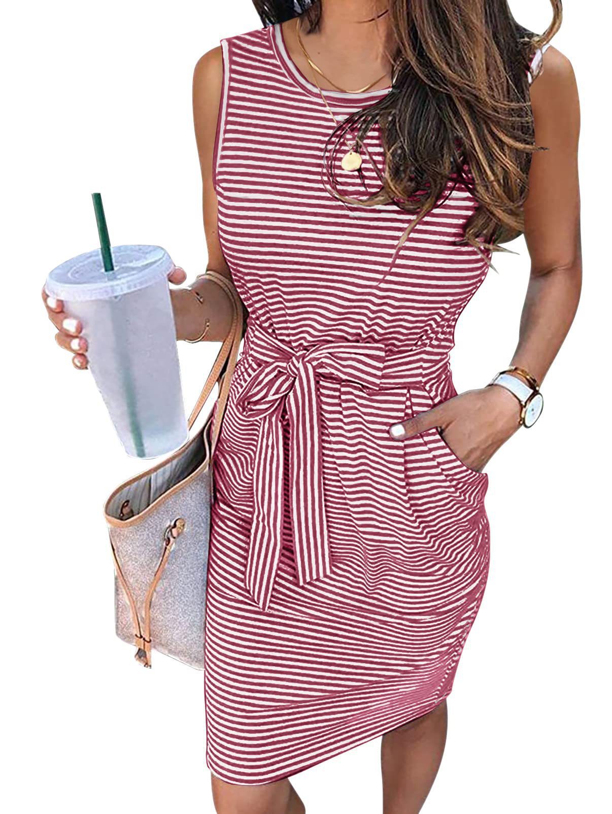 Basic Model Women's Dress Summer Sleeveless Striped Lace-up Round Neck Vest