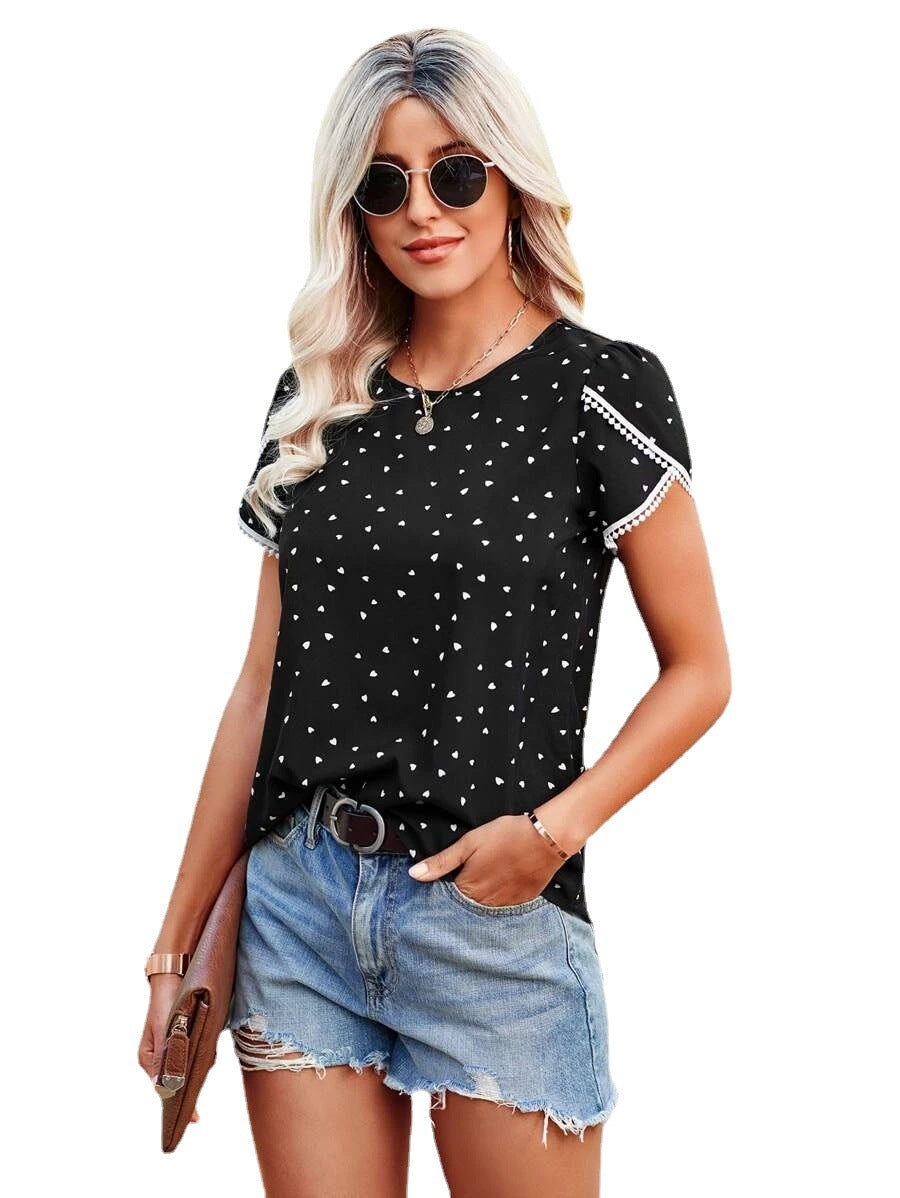 Lässiges Rundhals-Sommer-Losdruck-Shirt für Damen, gepunktete Drucke, Spitze, Kurzarm-Oberteil