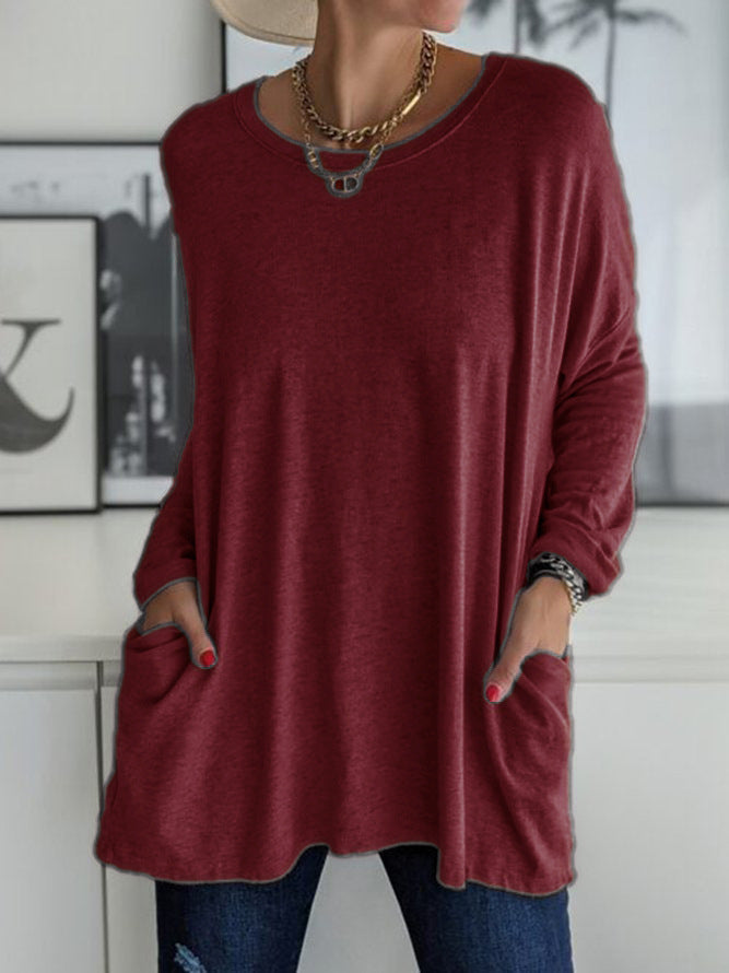 Round Pullover Neck Long Sleeve Loose Pockets Solid Color Casual Women's T-shirt
