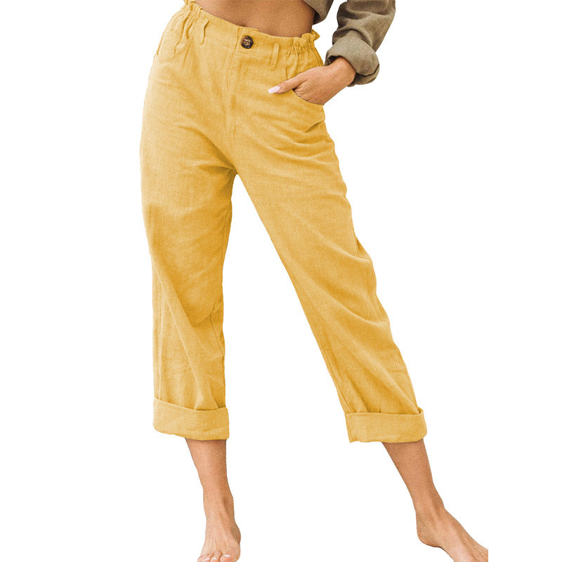 Damen Urban Freizeit Sommer Einfarbig Baumwolle Leinen Mode Lose Hohe Taille Freizeithose