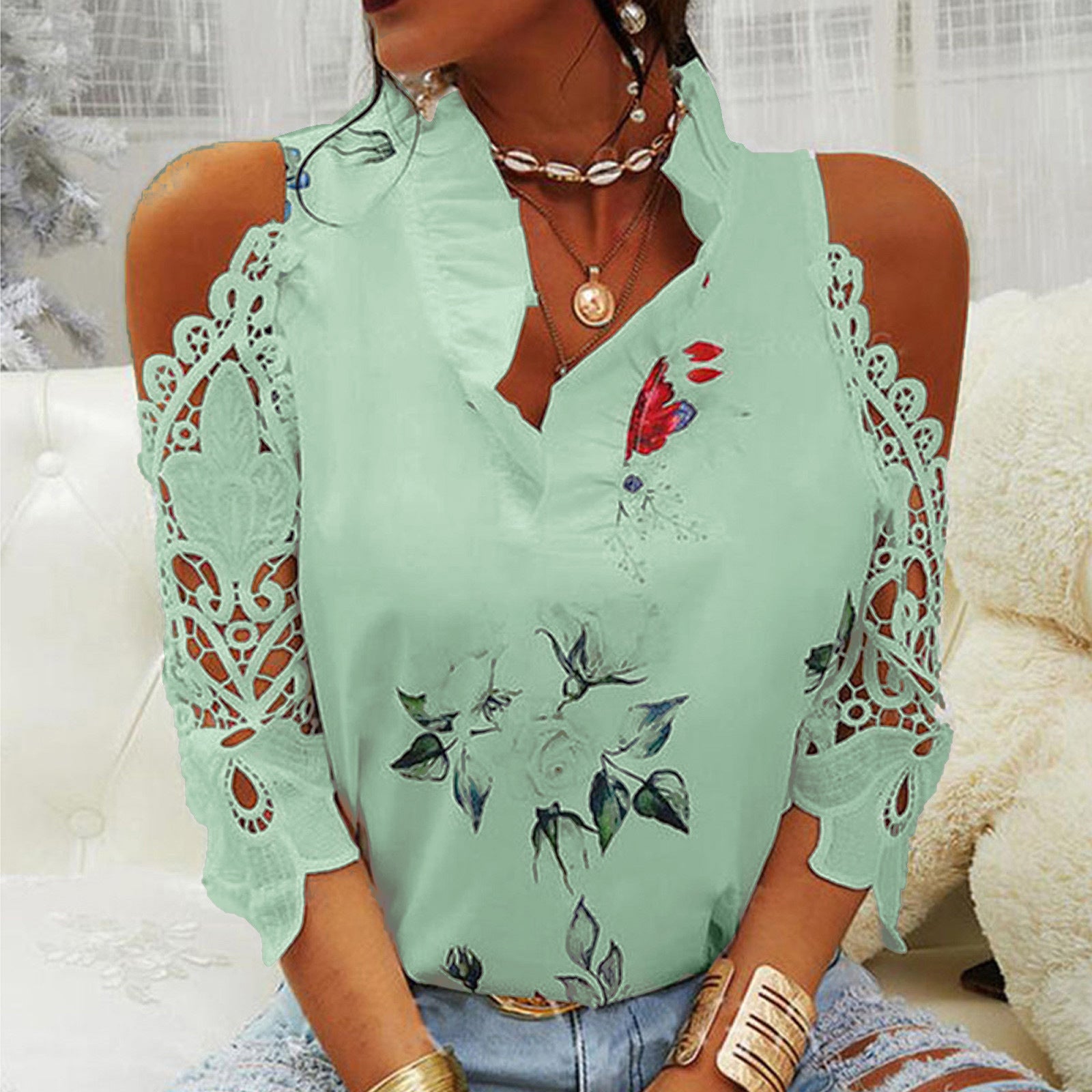 Summer Women's Top Flower Print Off-shoulder Lace Street Hipster Stitching Long Sleeve T-shirt