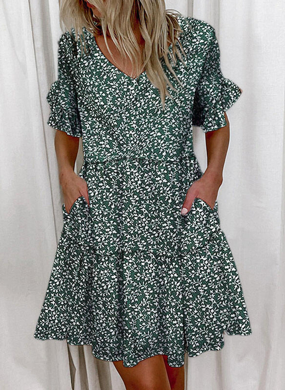 Basic Model Summer Loose Fashion V-neck Short Print Ruffled Pocket Women's Dress
