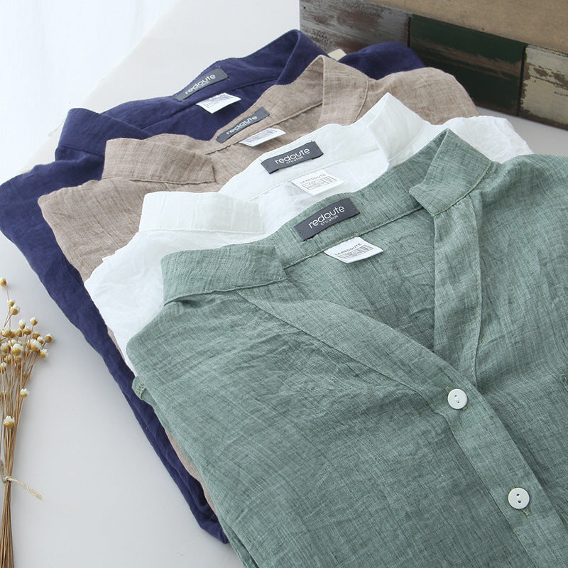 Temperamento de verano conmutado lino de algodón fresco de algodón de tres cuartos collar de manga camisa para mujeres