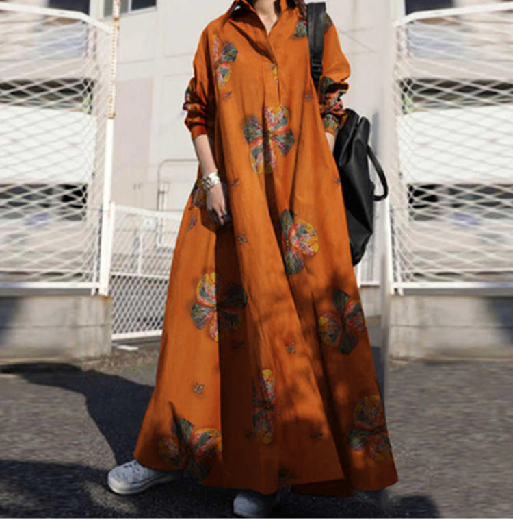 Autumn Print Cotton Linen Polo Collar Retro Loose Long Sleeve Big Hem Dress