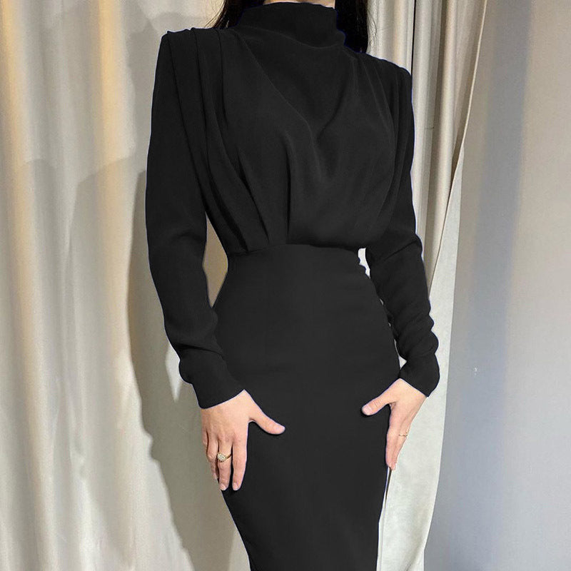 Autumn Fashion Temperament Waist-controlled Round Neck Solid Color Long Sleeve Dress
