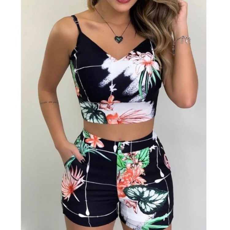 Women's Summer Blouse And Pants Printed Sling Slim Suit Shorts