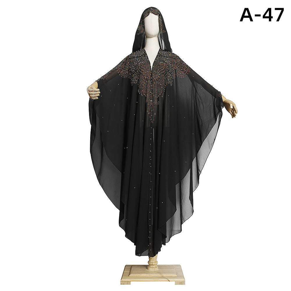 Beaded Embroidery Lace Long Sleeve Single Muslim Hooded Robe Plus Size Women's Dress