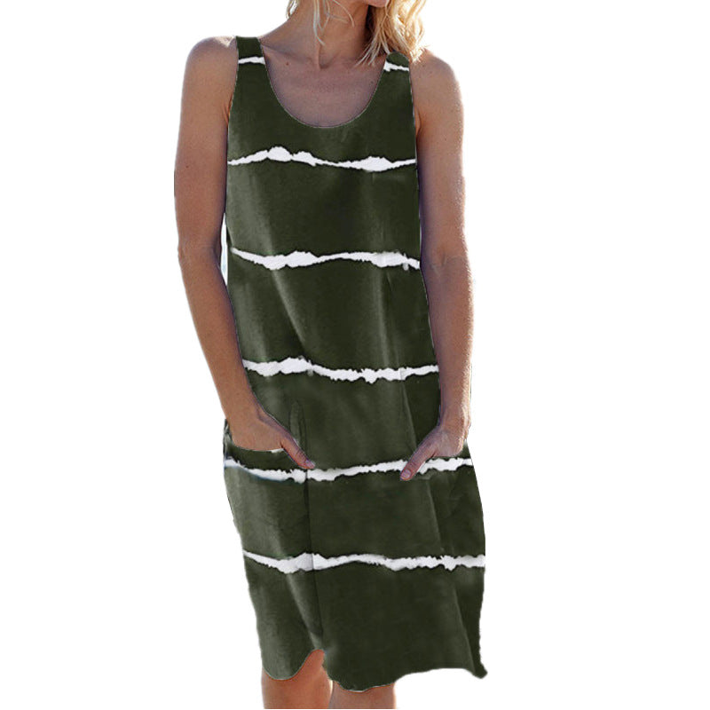Summer Women's Cotton Blend Round Neck Printed Striped Pocket Vest Dress