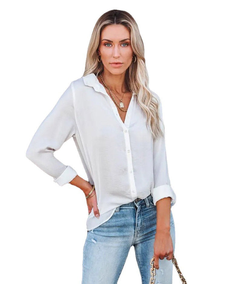 Women's Casual Loose Solid Color Long Sleeve Button V-neck Shirt Top