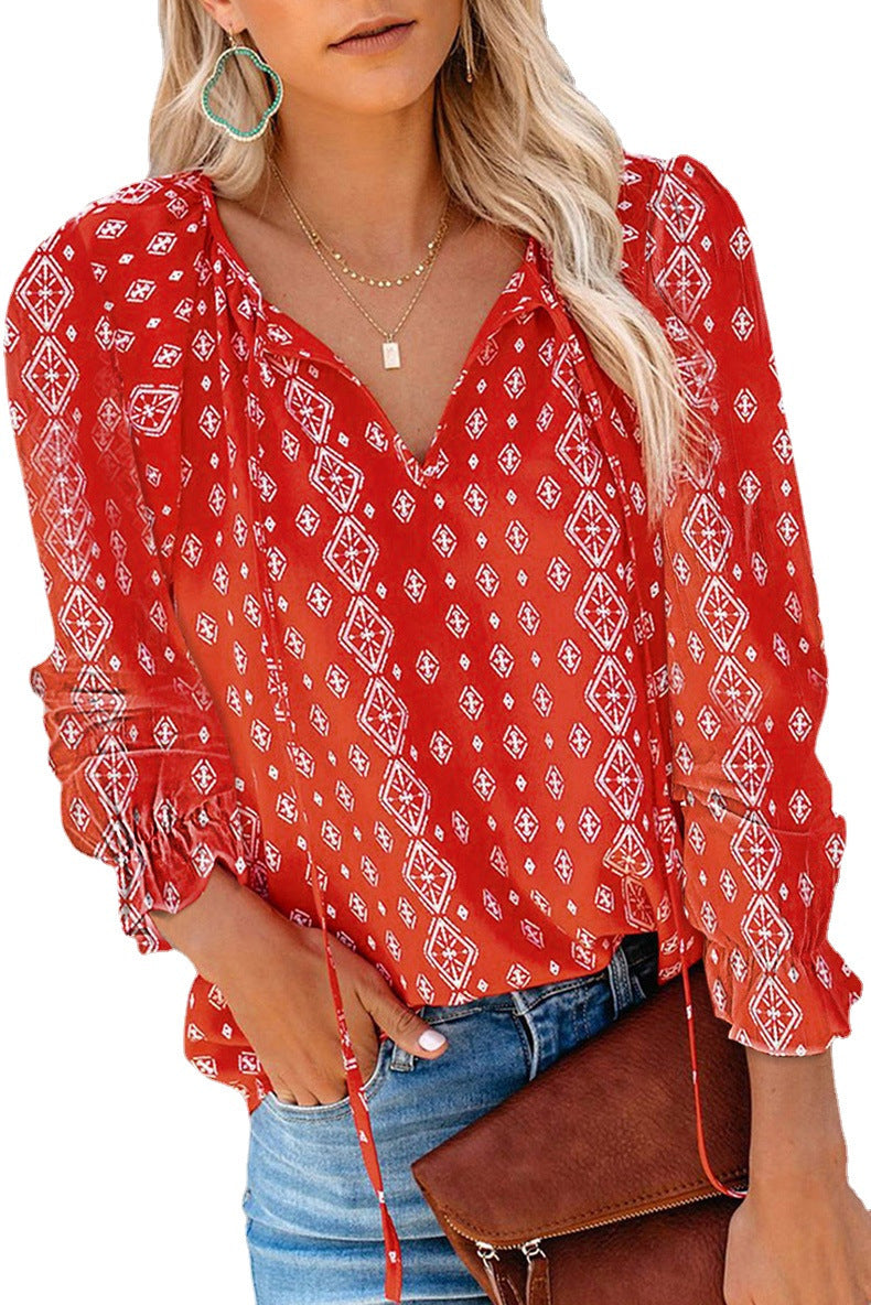 Camisa de estampado floral para mujeres con cuello en v top de manga larga