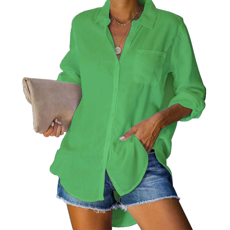 Chemise décontractée ample à manches régulières de couleur unie pour femmes
