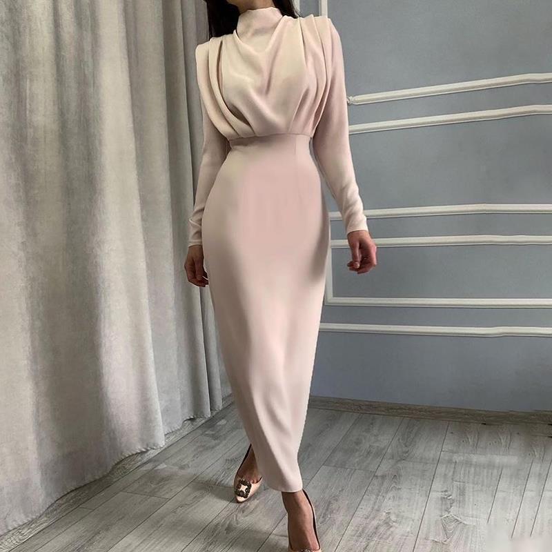 Autumn Fashion Temperament Waist-controlled Round Neck Solid Color Long Sleeve Dress