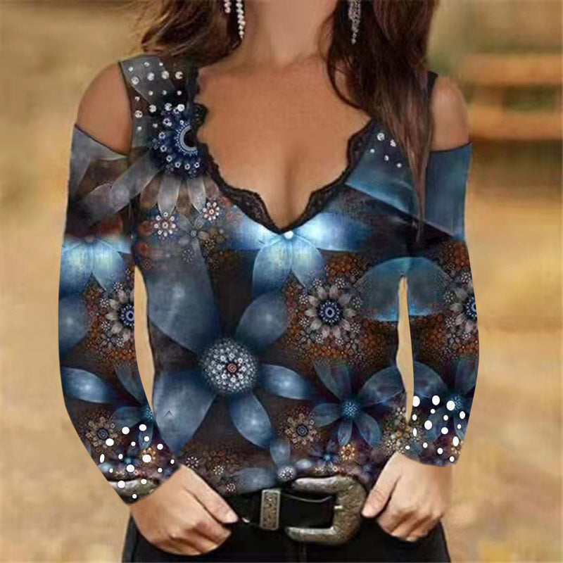 Long Sleeve Sexy Print Cotton Blend V-neck Lace Off-the-shoulder T-shirt