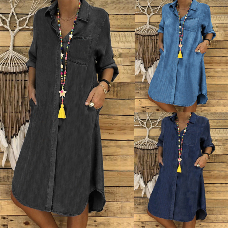 Women Summer Denim Dress, Lapel Short-Sleeve Buttons Casual One-Piece -  Walmart.com