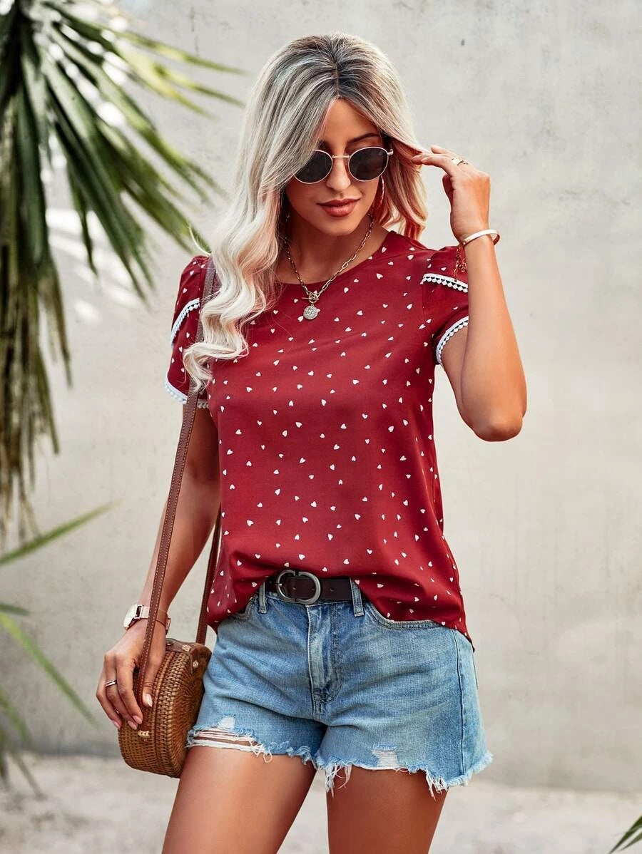 Lässiges Rundhals-Sommer-Losdruck-Shirt für Damen, gepunktete Drucke, Spitze, Kurzarm-Oberteil