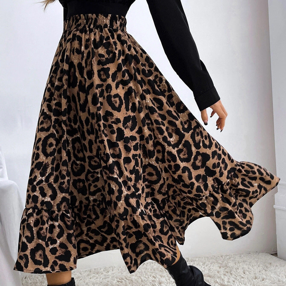 Frauen sexy Leopardenmuster Tiermuster Rock mit hoher Taille lockeres Swing-Kleid
