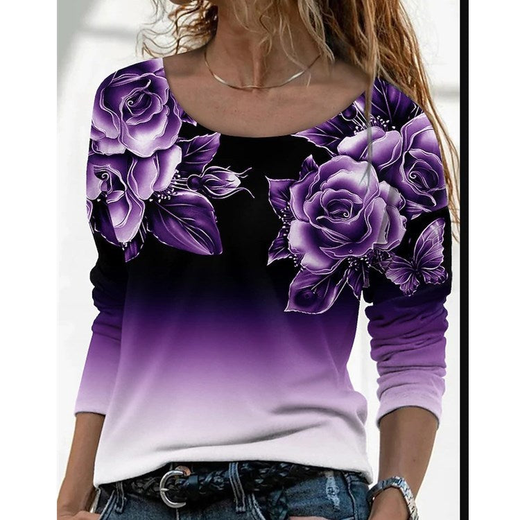 Camiseta de estampado casual de cuello de impresión de manga larga de manga larga para mujeres