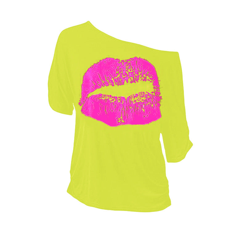 Printings Painted Short-sleeved T-shirt Women's Off-shoulder Irregular Fashion Slim Top