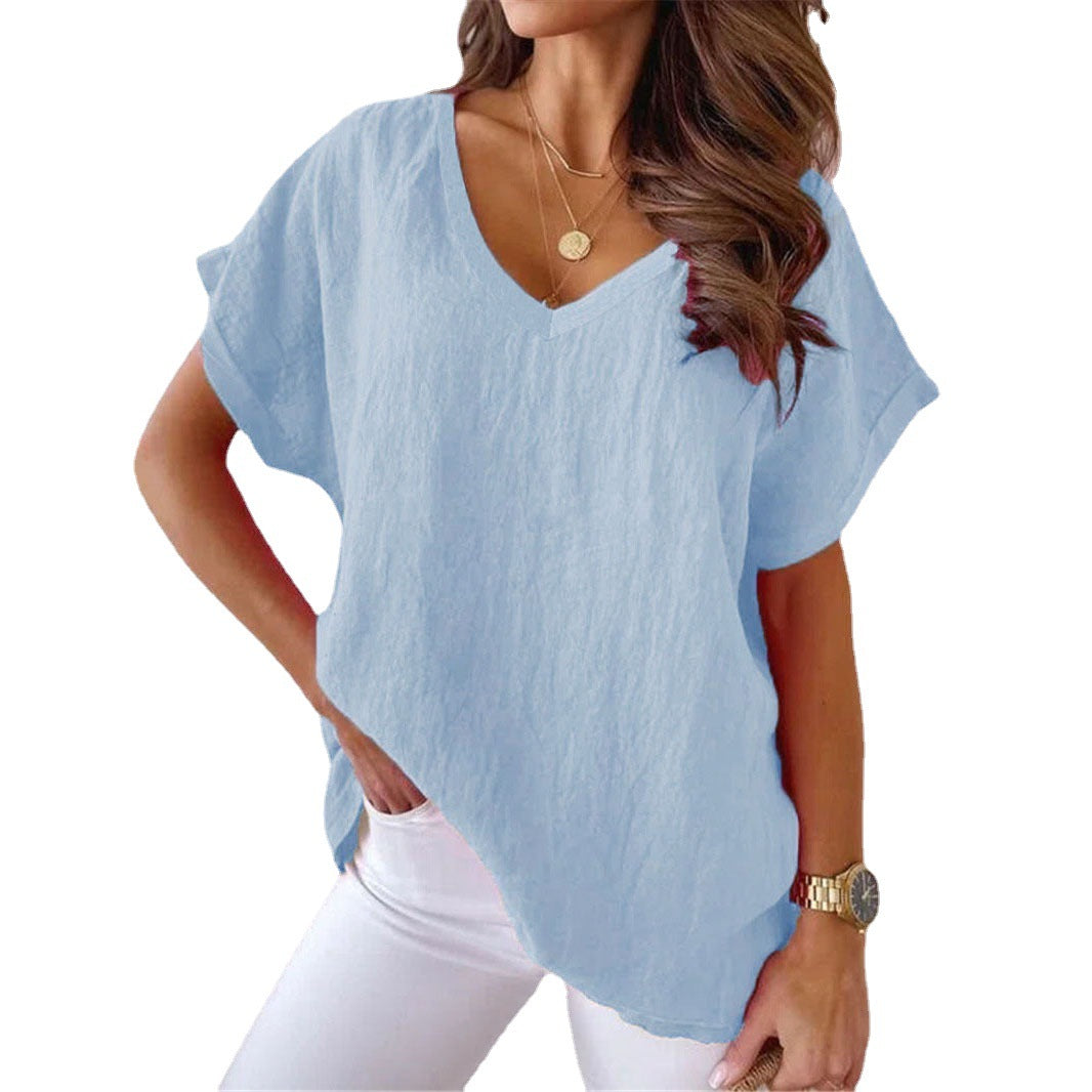 Loose Batwing Short Sleeve V-neck Solid Color Cotton Linen Casual Women's T-shirt