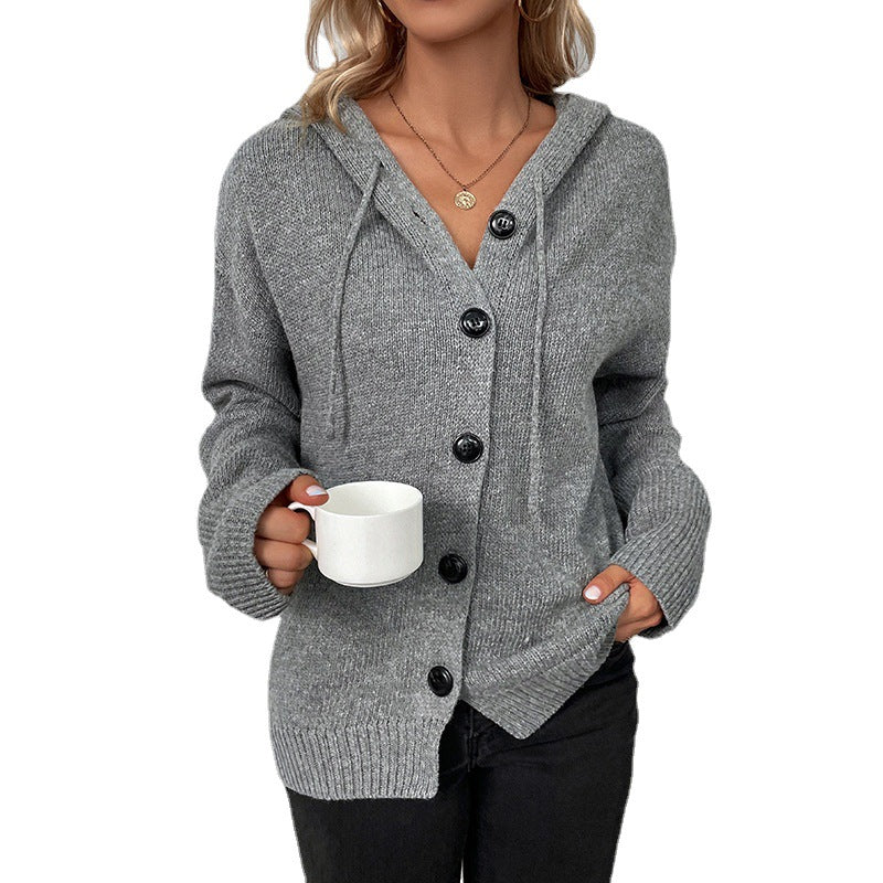 Solid Color Hooded Single-breasted Loose Sweater Women's Drawstring Knitted Cardigan