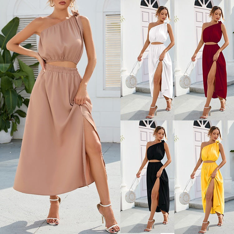 Women's Fashion Shoulder Temperament Commute Bow Suit Skirt Dress Two-piece Set