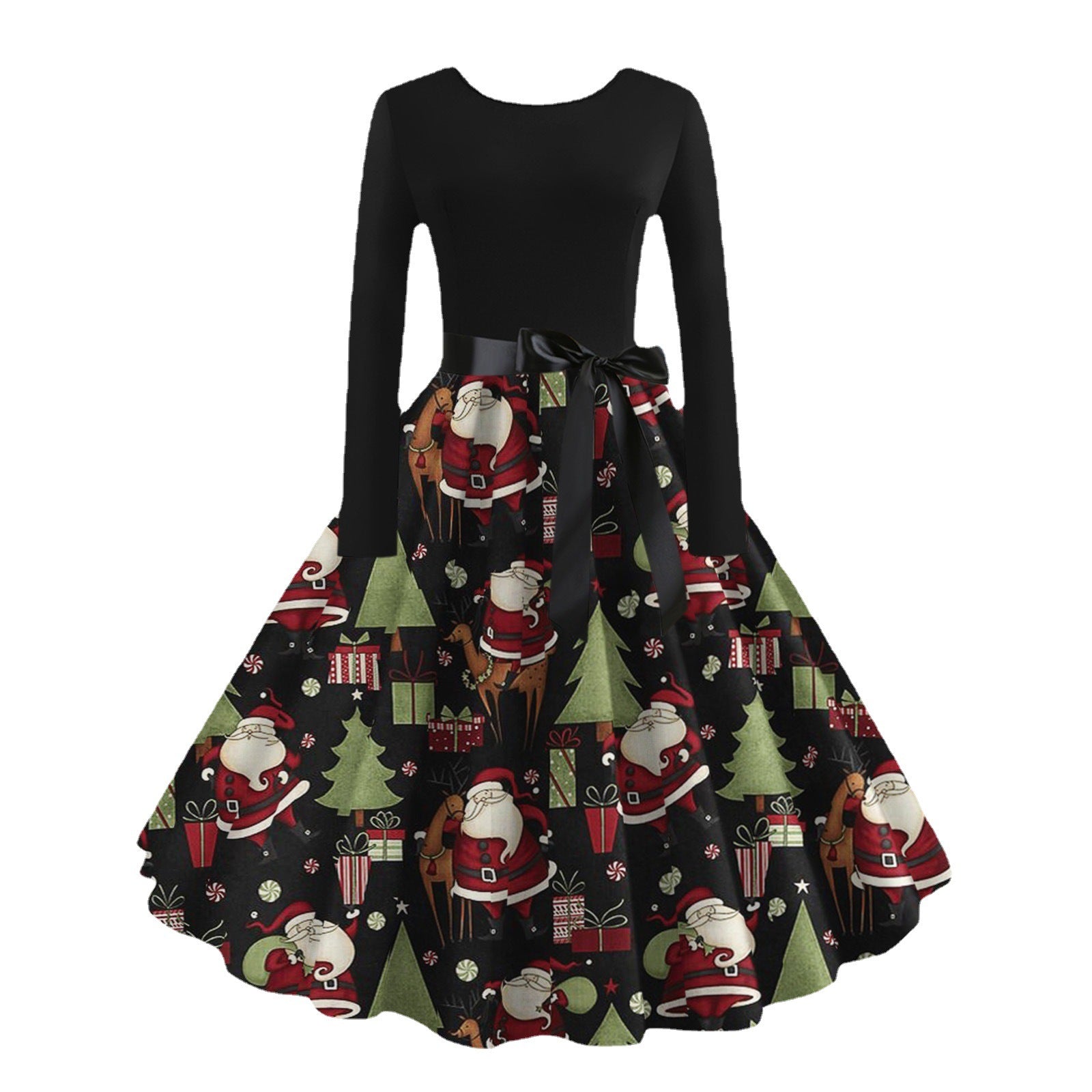 Kleid mit mittlerer Taille, Herbst, Retro-Weihnachtsfestival, bedruckt, mit Rundhalsausschnitt, langen Ärmeln und großem Saum