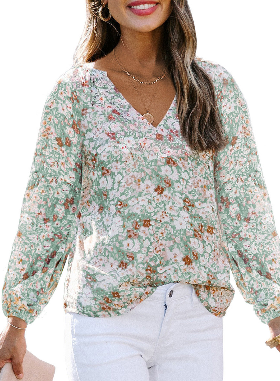 Women-V-Neck Chiffon Bluses Fresh Air Lantern Landeve Floral Shirt