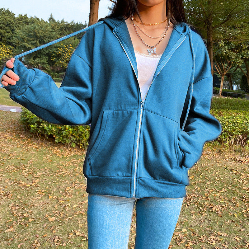 Autumn de cor de cor sólida feminina com capuz de peles longa manga convencional Sweater de zíper casual com zíper casual