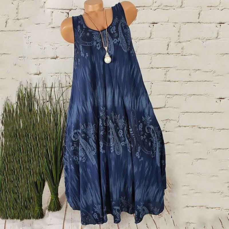 Mid Skirt Women's Summer Digital Print Sleeveless Round Neck Dress