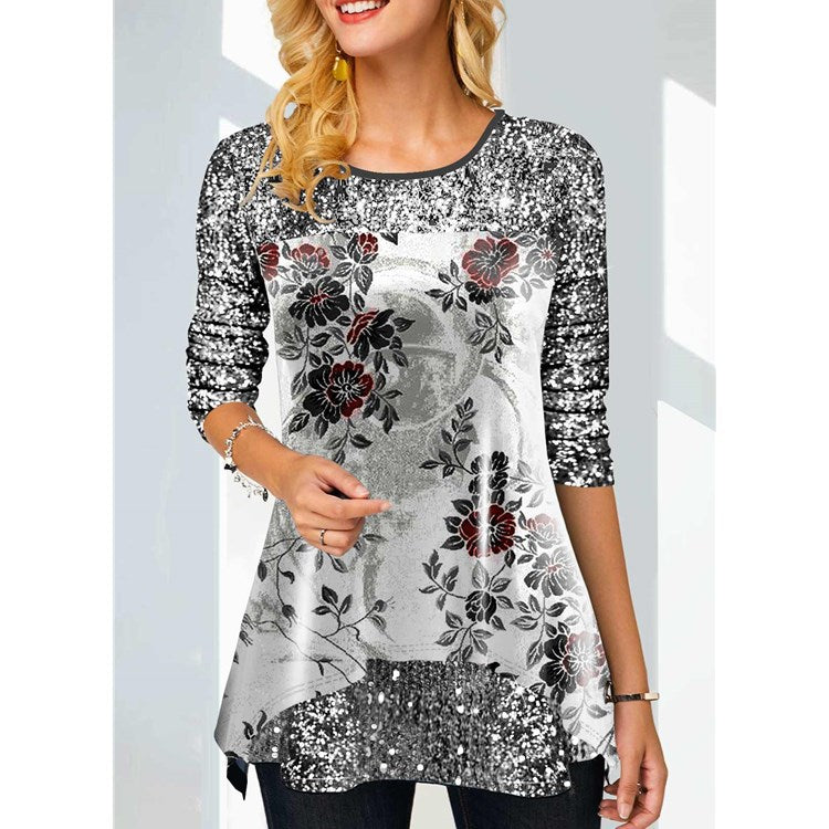 Rundhals-T-Shirt aus Baumwollmischung mit modischem Aufdruck für Damen