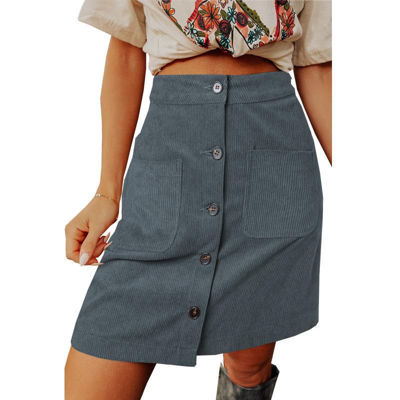 Distressed Corduroy High Waist Breasted Design Skirt