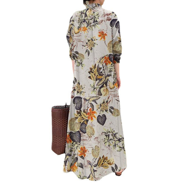 Bawełniany lniany nadruk Lapel Long Rękaw Kieszeń Prosta podstawowa modelka luźna sukienka na zwykłą koszulę