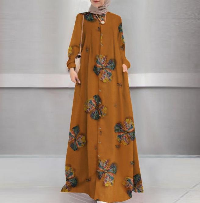 Cotton Linen Printed Shirt Muslim Plus Round Neck Size Women's Casual Retro Long Sleeve Robe