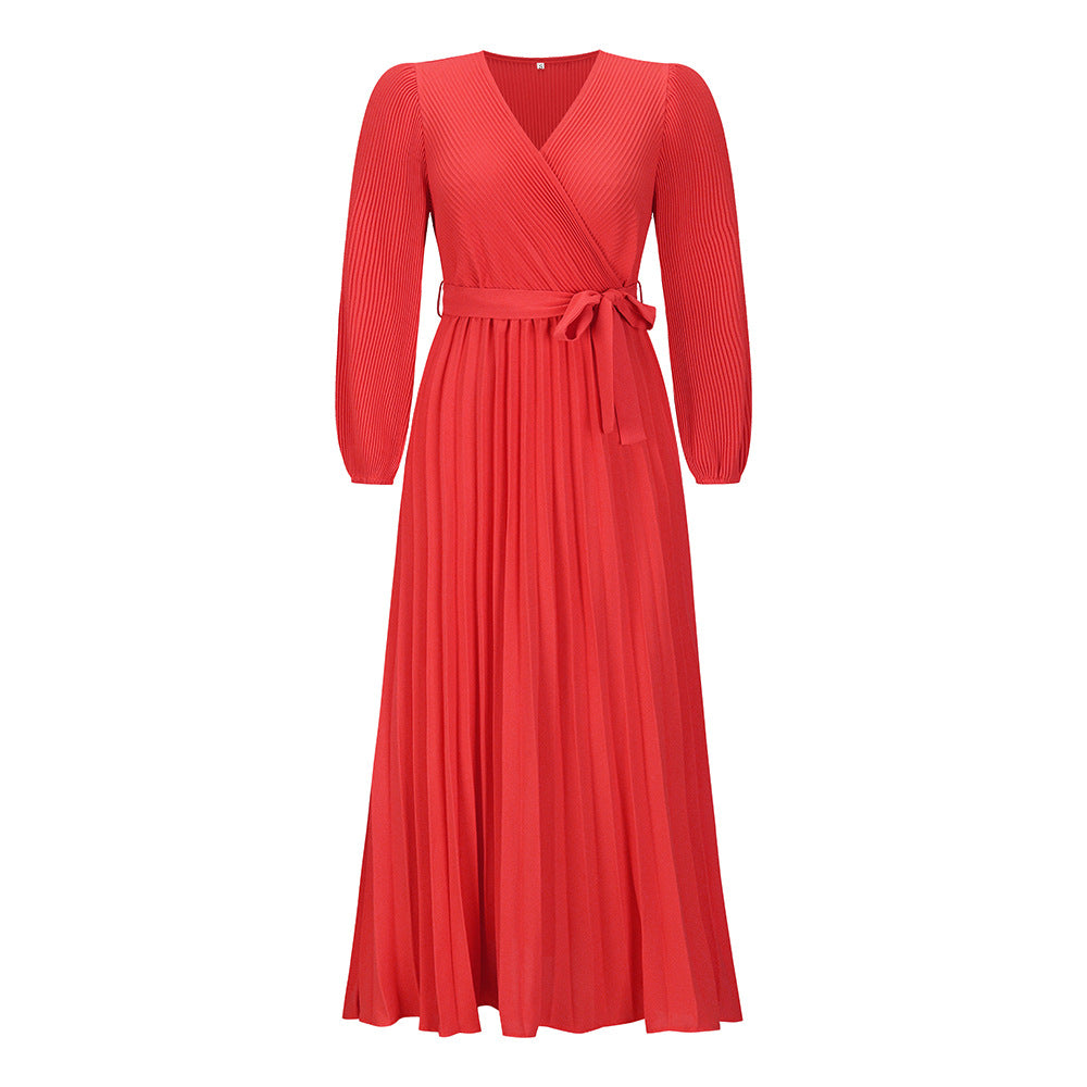 Halblanges Kleid mit V-Ausschnitt, zerknittertem, langärmligem Faltenrock für Damen