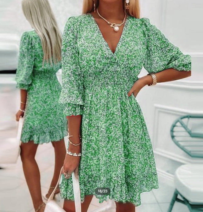 Mid-length Printing Pullover Print Short Sleeve Puff Mid-waist Floral Dress