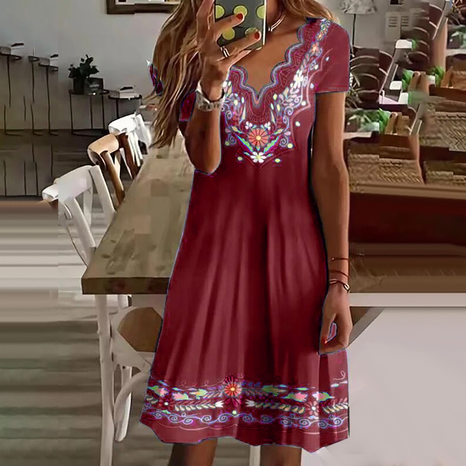 Fala Podstawowa modelka w dekolcie drukowana krótkoczestronna sukienka na krótki rękaw