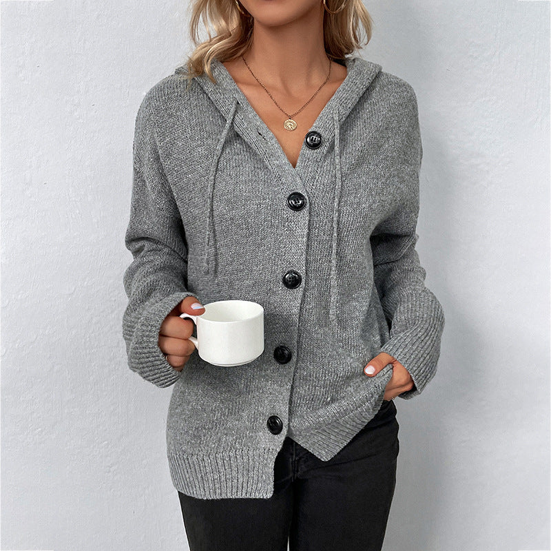 Solid Color Hooded Single-breasted Loose Sweater Women's Drawstring Knitted Cardigan