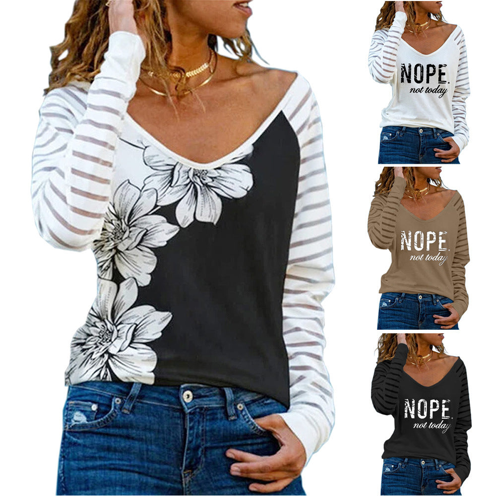 Plus Round Neck Size Women's Printed Flowers Letter Long Sleeve Loose T-shirt