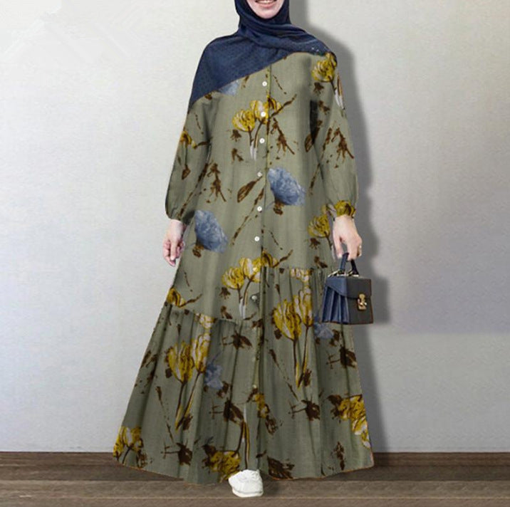 Muslimische Strickjacke Plus Size Damen Baumwolle Leinen Langarm Mode locker lässig Blumenkleid 